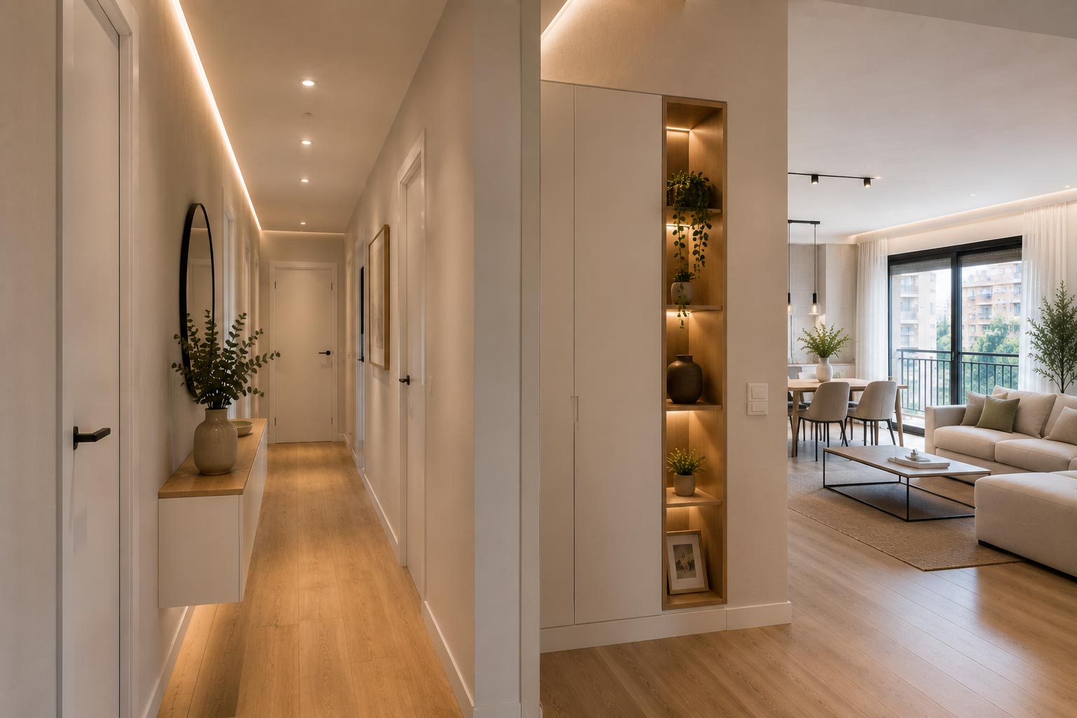 Serlyb - Construcción Reformas Alicante - Salón y pasillo a zona dormitorios totalmente reformado con estilo moderno